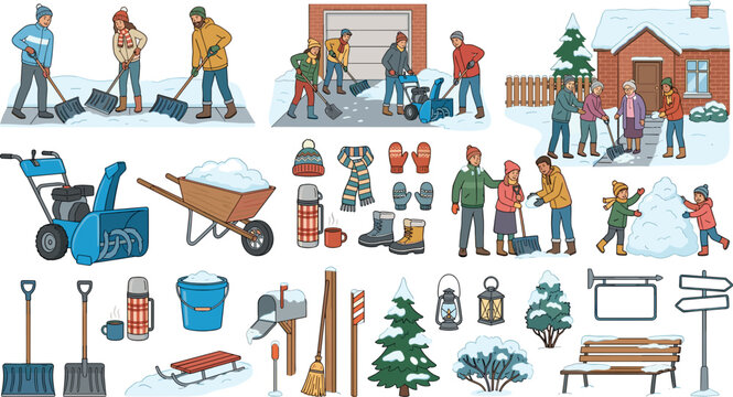 Winter snow removal vector element set showing people shoveling driveway snowblower machine yard care tools and outdoor family activities