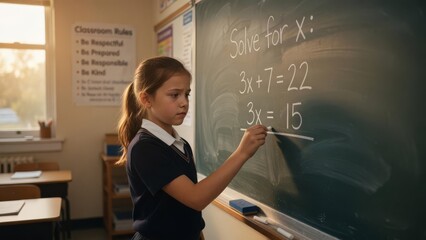 Fototapeta premium Elementary Girl Solving Math Equations on Blackboard Classroom Education Scene
