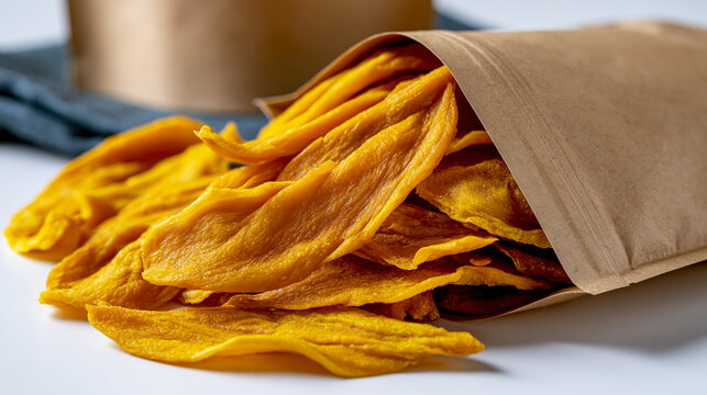 Dried mango slices displayed in a brown kraft paper stand up pouch on a clean white background, sweet golden fruit chips arranged beside the eco friendly packaging to showcase the snack, organic veg