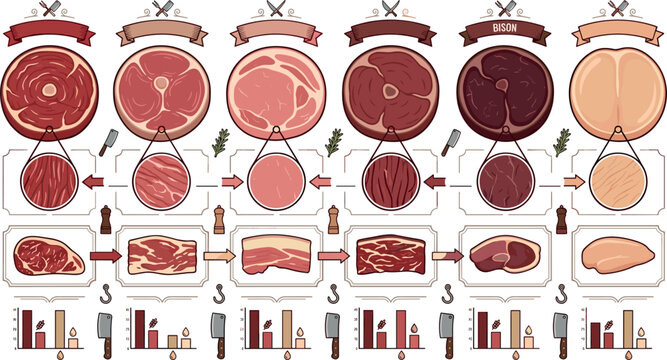 Meat production and processing infographic vector chart set showing meat cuts marbling levels types comparison and culinary classification diagrams