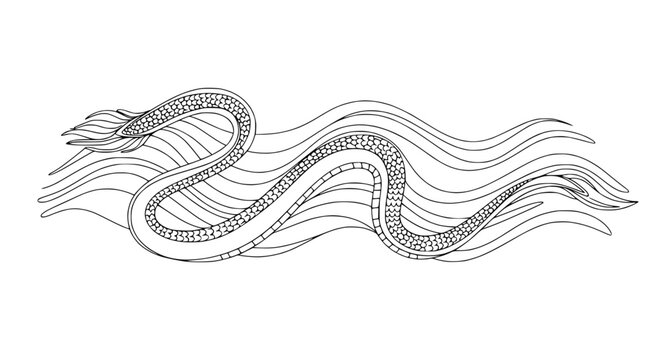 Ornate Mythological Serpent Swimming in Ocean Waves Coloring Page Design