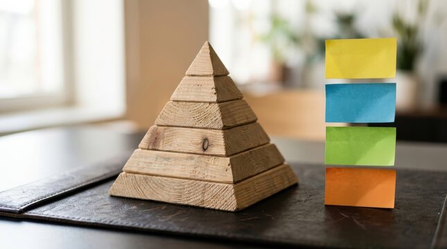 Wooden pyramid blocks with colorful sticky notes on office desk