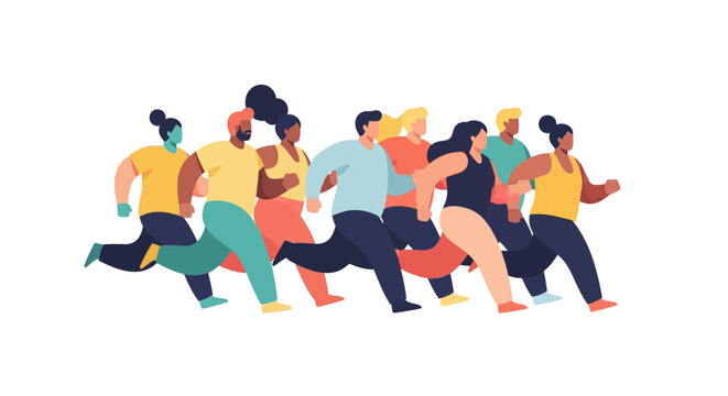 Diverse group of people running together, illustration of community, fitness, and movement