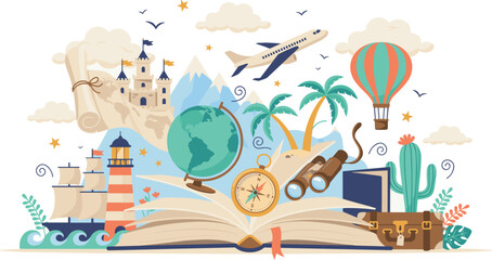 Open book with magic travel and adventure elements popping out vector illustration for global tourism concept © MstRahima