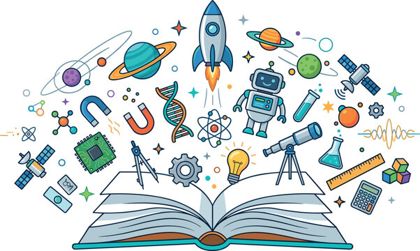 Open book with magic science technology and space elements popping out vector illustration for stem education