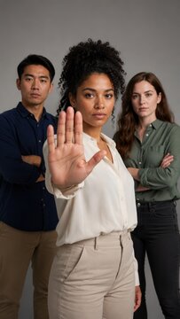 Group of three diverse individuals with a woman in front making a stop gesture, wearing a white blouse and beige pants, with two others standing behind in casual attire