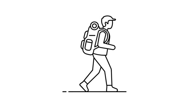 Line Art Icon of a Hiker with Backpack Walking