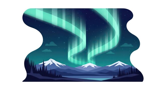 Luminous aurora borealis over snowy mountains and lake