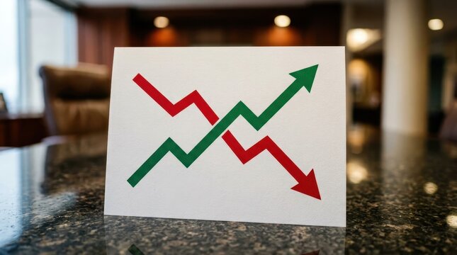 Chart showing crossing lines of growth and decline on office desk