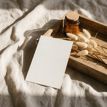 Blank paper card with dried flowers and glass bottle isolated on white background
