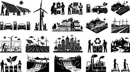 Obraz premium Set of renewable energy and sustainable living icons featuring solar panels, wind turbines, electric vehicles, and recycling