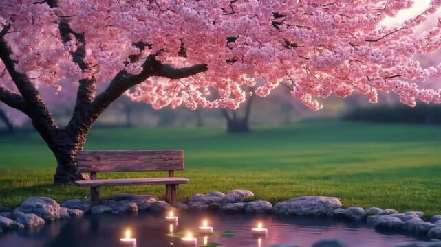 Cherry blossom tree blooming near wooden bench and tranquil pond with glowing candles in garden