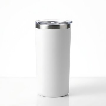 White stainless steel travel tumbler cup with plastic lid isolated on white background