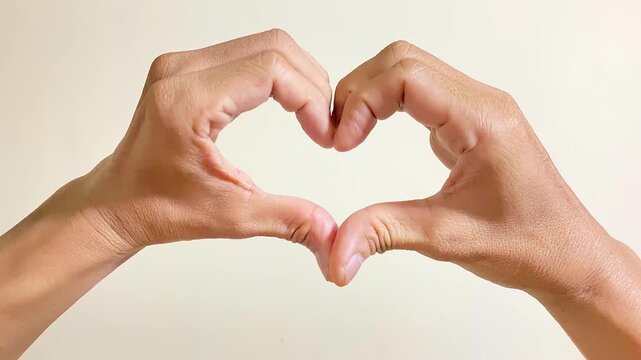 man creating a heart-shaped hand gesture against a plain wall background. Close-up front view. ideal for themes of love, affection, kindness, compassion, relationships, support, romance 