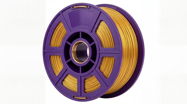 Shiny gold 3d printing filament wound tightly on a purple plastic spool isolated on white background