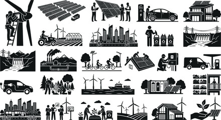 Obraz premium Set of green energy, sustainable development, and ecofriendly technology icons