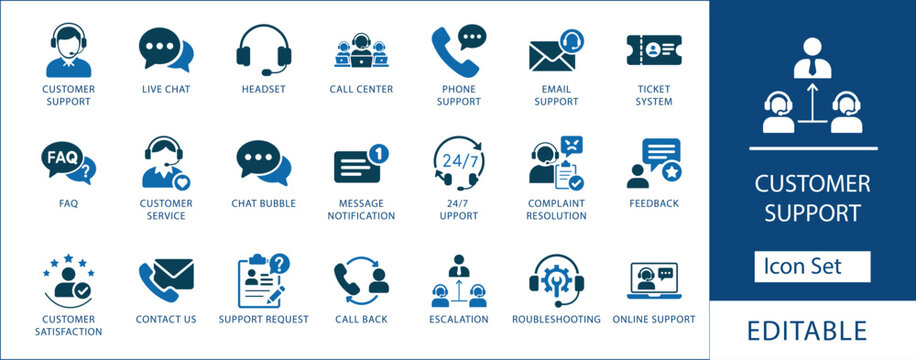 Customer support icon set featuring live chat, call center, email service, helpline, feedback, and online assistance vector symbols.