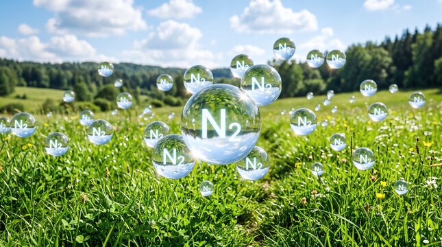 Nitrogen gas molecules floating over a lush green field with trees and blue sky.