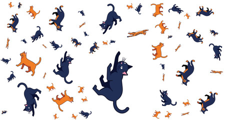 Dynamic black and orange cats with playful poses and various expressions in a lively pattern for animal themed design © Fendik eps