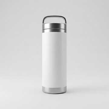 Modern white metal water bottle with silver handle isolated on white background