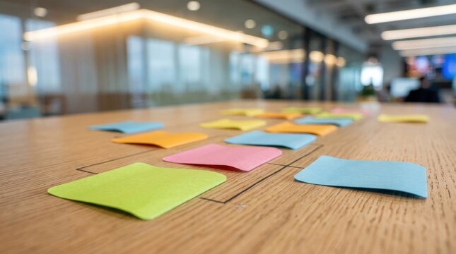 Sticky notes arranged on wooden table in modern office