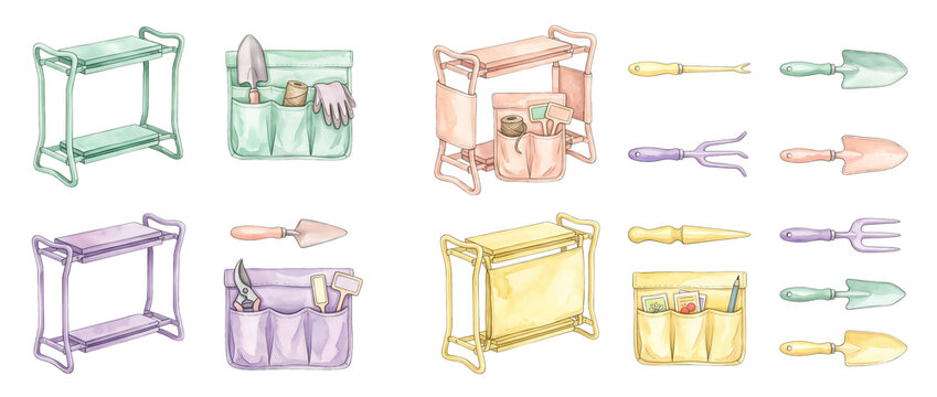 Watercolor Gardening Tools Clipart Set featuring pastel garden shelves, tool pouches, trowels, and hand forks isolated on a black background for spring planting, DIY horticulture, and hobby crafting.