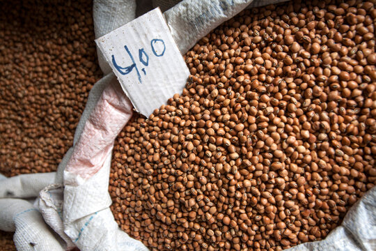 Feij&otilde;es vendidos a granel em mercado popular, destacando alimentos tradicionais da culin&aacute;ria brasileira e o com&eacute;rcio regional em feira livre no Nordeste.