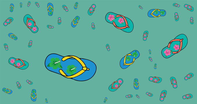 colorful abstract pattern of tropical flip flop sandals floating on turquoise background for summer travel vacation themes