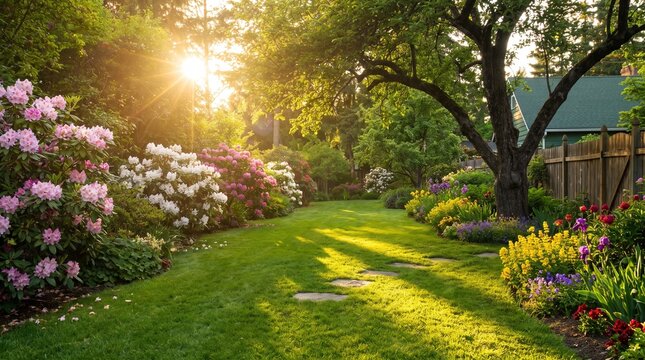 Peaceful landscaping design with stepping stones across a perfect green lawn surrounded by colorful spring flowers and wooden fence