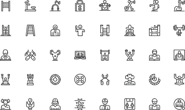 Set of gym and fitness equipment line icons, including exercise machines, workout tools, and active people training in the gym
