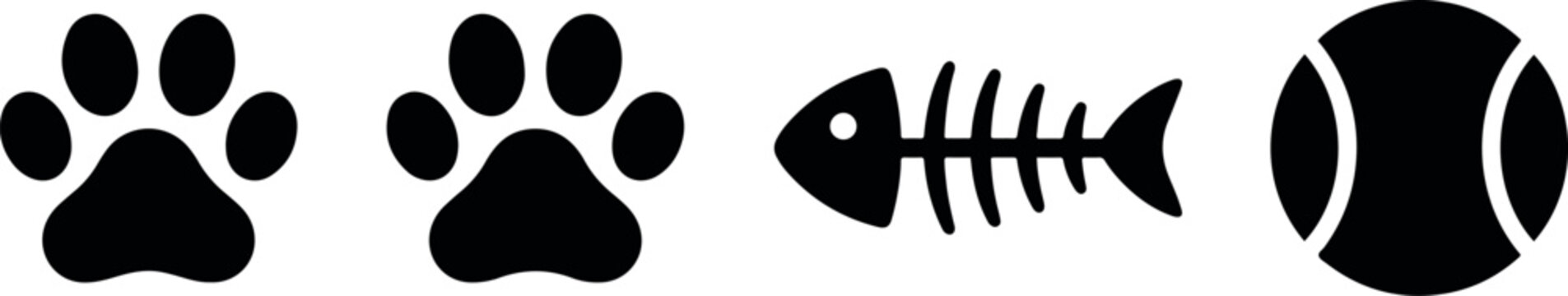 Set of black icons representing pet care featuring animal paw prints a fish skeleton and a tennis ball for pet play