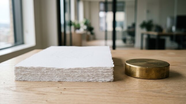 Stack of handmade deckle edge paper on wooden table in office