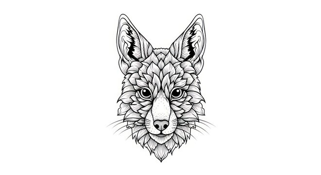 Intricate black and white line art of a fox face
