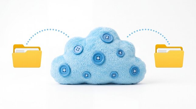 Soft blue plush cloud with buttons connecting digital yellow file folders on white background