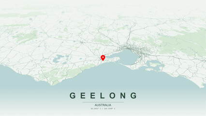 Minimalist vector map of Geelong, Victoria. High-quality scalable illustration of Geelong geographic boundaries along Corio Bay, Barwon River contours, Eastern Beach coastline for posters design. © AliRza