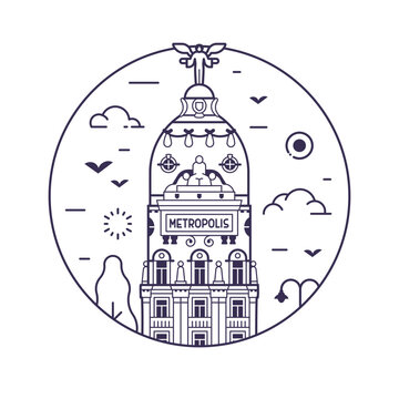 Edificio Metropolis Circle Icon in Line Art