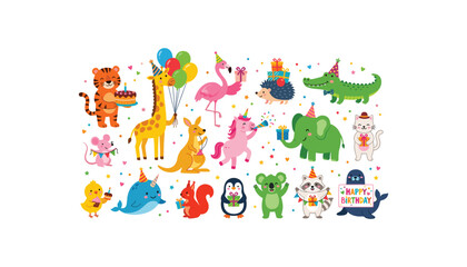 Cute birthday party animals vector set with cartoon safari jungle and marine creatures holding balloons cake and gifts, 18 words. © Ruma