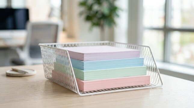 Stacked colorful paper notes in white mesh desk tray in office