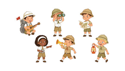 Cute boy and girl scout characters set wearing uniform exploring with map binoculars and lantern vector