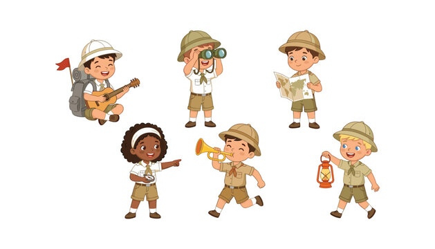 Cute boy and girl scout characters set wearing uniform exploring with map binoculars and lantern vector