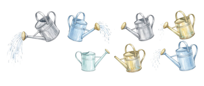 Watering can watercolor illustration isolated on black background. Vintage metal garden watering pots pouring water. Hand drawn gardening elements set for rustic spring designs and farm clip art pack.