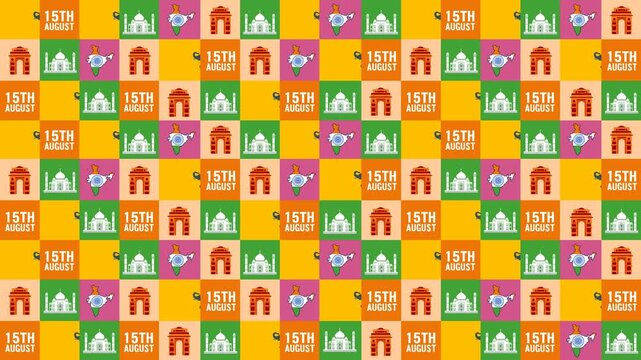 Seamless 4K animated video for India Independence Day with colorful grid pattern of Taj Mahal, India Gate, elephant, 15th august and map icons. Ideal for background and broadcast.