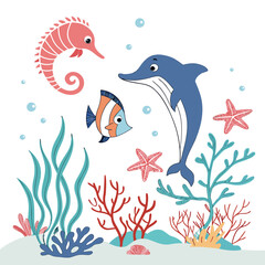 Colorful underwater scene with a dolphin seahorse fish coral eye catching seahorse underwater creature wildlife illustration colorful friendly whimsical imaginary creative innovative © Kholil