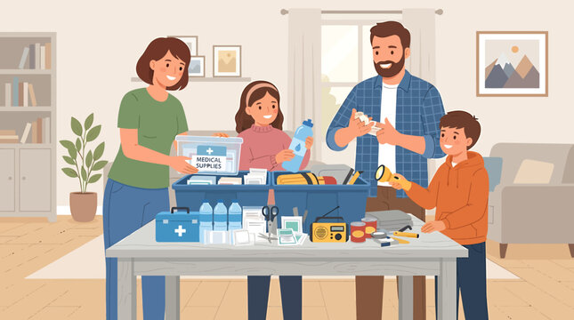 Family preparing emergency disaster supply kit together at home for safety and preparedness.