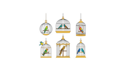 Obraz premium Cute cartoon colorful birds inside hanging birdcages set featuring parrot budgie and finches isolated on white background vector illustration.