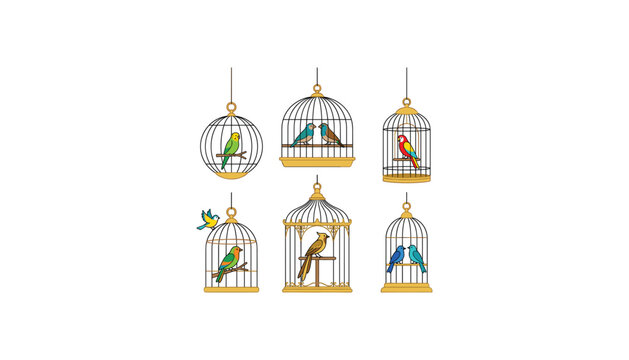 Cute cartoon colorful birds inside hanging birdcages set featuring parrot budgie and finches isolated on white background vector illustration.