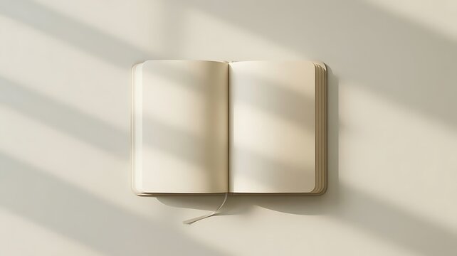 View of an open blank notebook with a ribbon bookmark on a neutral beige background, with soft shadows, cast by window, light across the pages