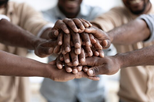Diverse group of men stacking hands together in unity