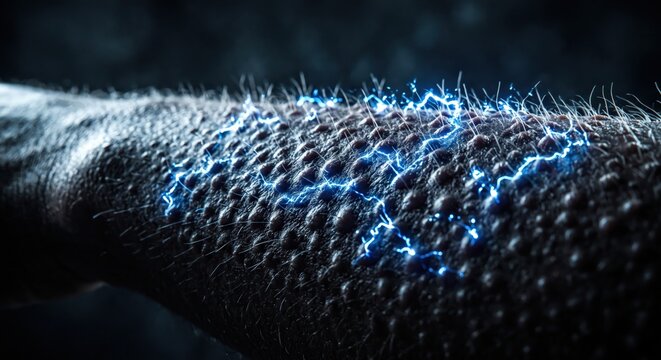 Goosebumps rise on skin while tiny electric sparks trace across the texture, showing the exact tingle of excitement made visible.
