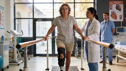 Fototapeta premium Professional physiotherapist supervising determined woman practicing assisted walking exercises in advanced rehabilitation hospital gym.